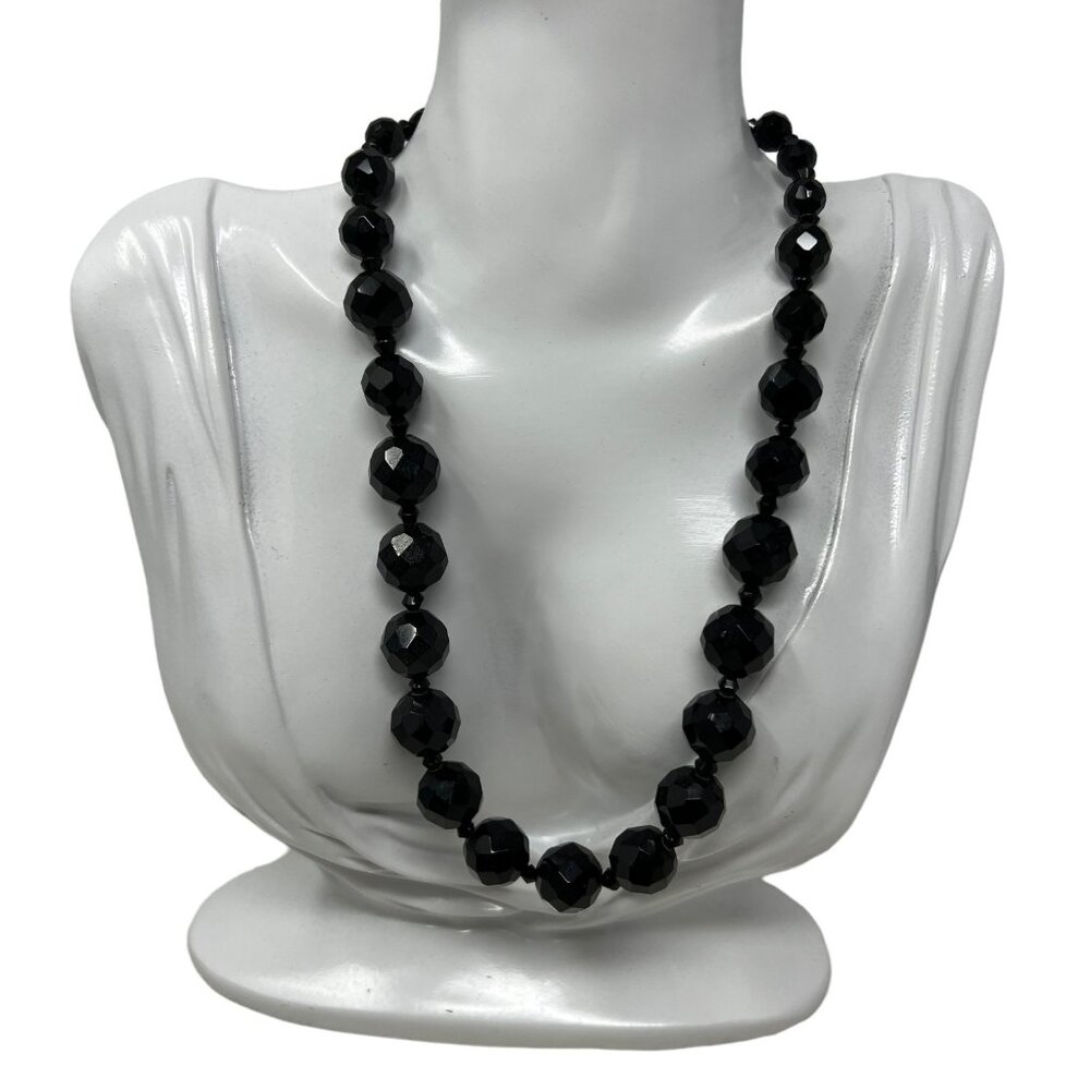 Vintage Necklace Black Graduated Glass‎ Beads Gunmetal Tone